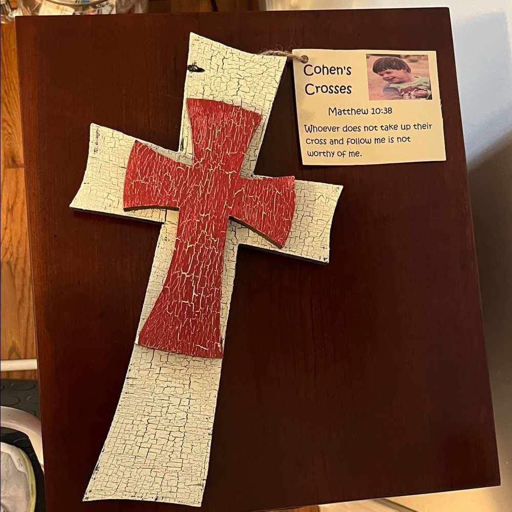 Red and Cream Distressed Decorative Cross
